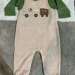 Le Top Tan Fleece Overalls with Green Shirt